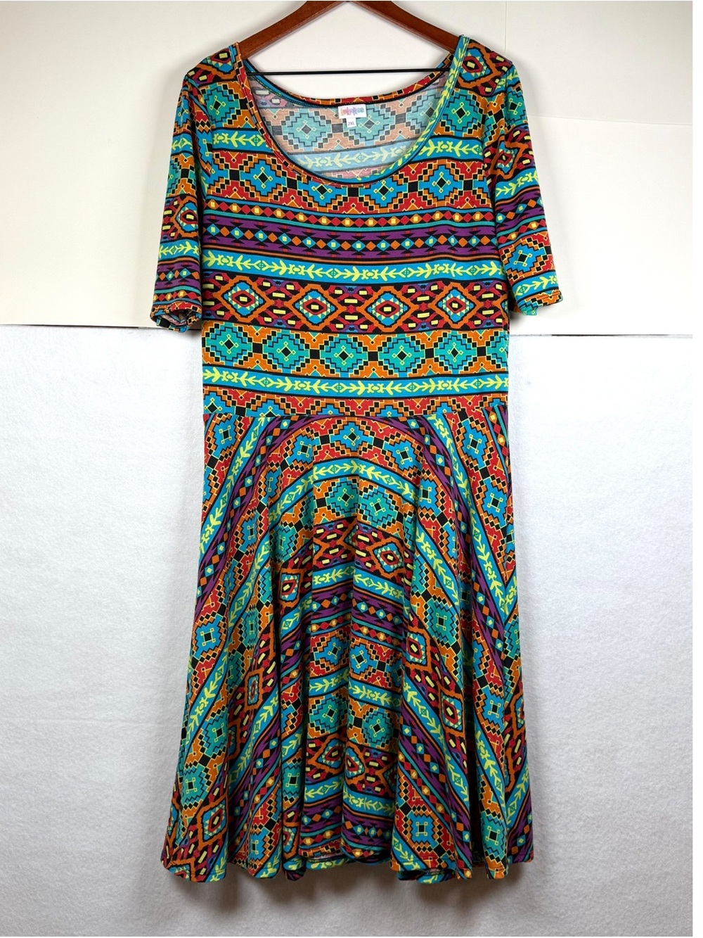 LuLaRoe Nicole Fit & Flare Midi Dress Bright Southwestern Geometric Womens 2XL